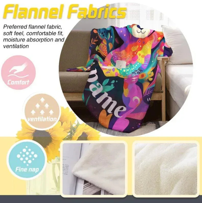 Personalized Patchwork Teddy Bear Blanket | Custom Name | Colorful Floral Fleece Throw Gift