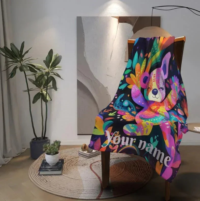 Personalized Patchwork Teddy Bear Blanket | Custom Name | Colorful Floral Fleece Throw Gift