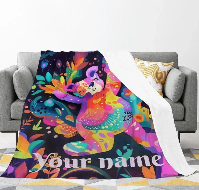 Personalized Patchwork Teddy Bear Blanket | Custom Name | Colorful Floral Fleece Throw Gift