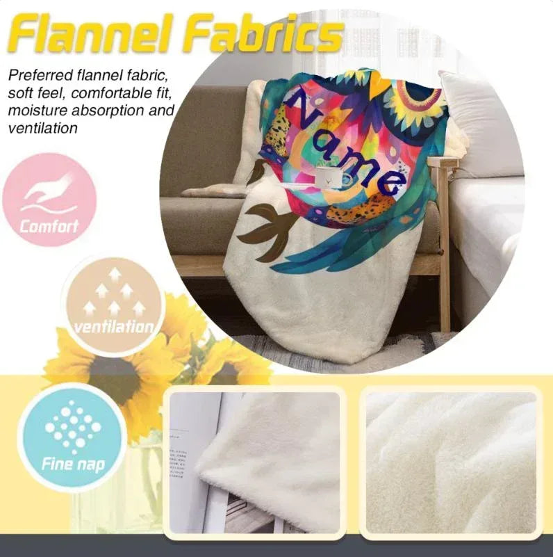 Personalized Colorful Owl Blanket | Custom Name | Bird Fleece Throw Gift