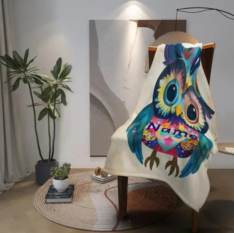 Personalized Colorful Owl Blanket | Custom Name | Bird Fleece Throw Gift