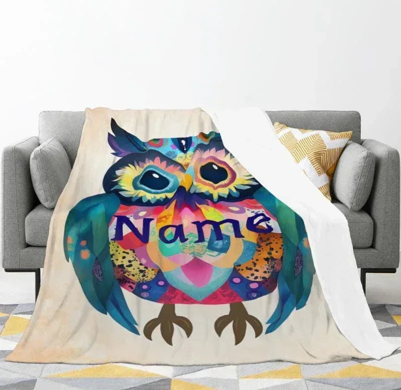 Personalized Colorful Owl Blanket | Custom Name | Bird Fleece Throw Gift