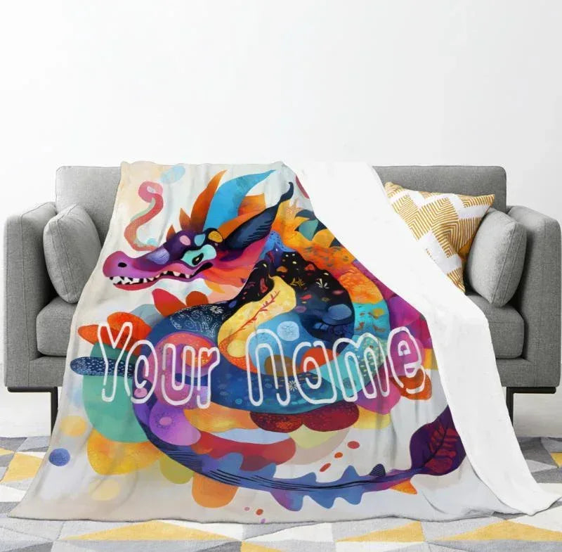 Personalized Dragon Blanket | Custom Name | Folk Art Lunar Dragon Coiling Colorful Paint Splash Cream Background Flannel Fleece Throw Gift