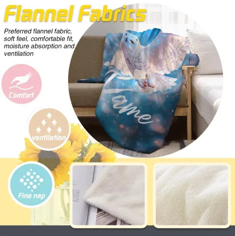 Personalized Snowy Owl Blanket | Custom Name | Blue Galaxy Fleece Throw Gift