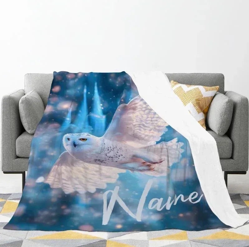 Personalized Snowy Owl Blanket | Custom Name | Blue Galaxy Fleece Throw Gift
