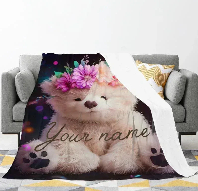 Personalized Teddy Bear Blanket | Custom Name | Purple Floral Crown Fleece Throw Gift