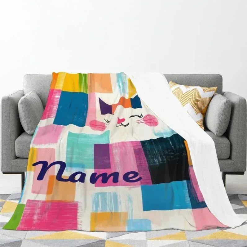 Personalized Cat Blanket | Custom Name | Colorful Patchwork Fleece Throw Gift