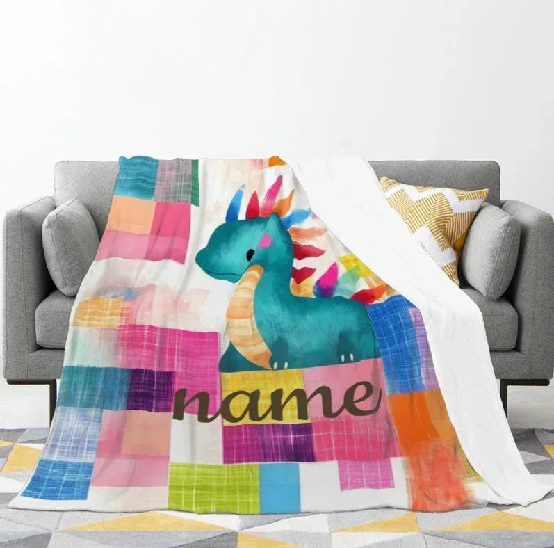 Personalized Teal Dragon Blanket | Custom Name | Colorful Dinosaur Patchwork Throw