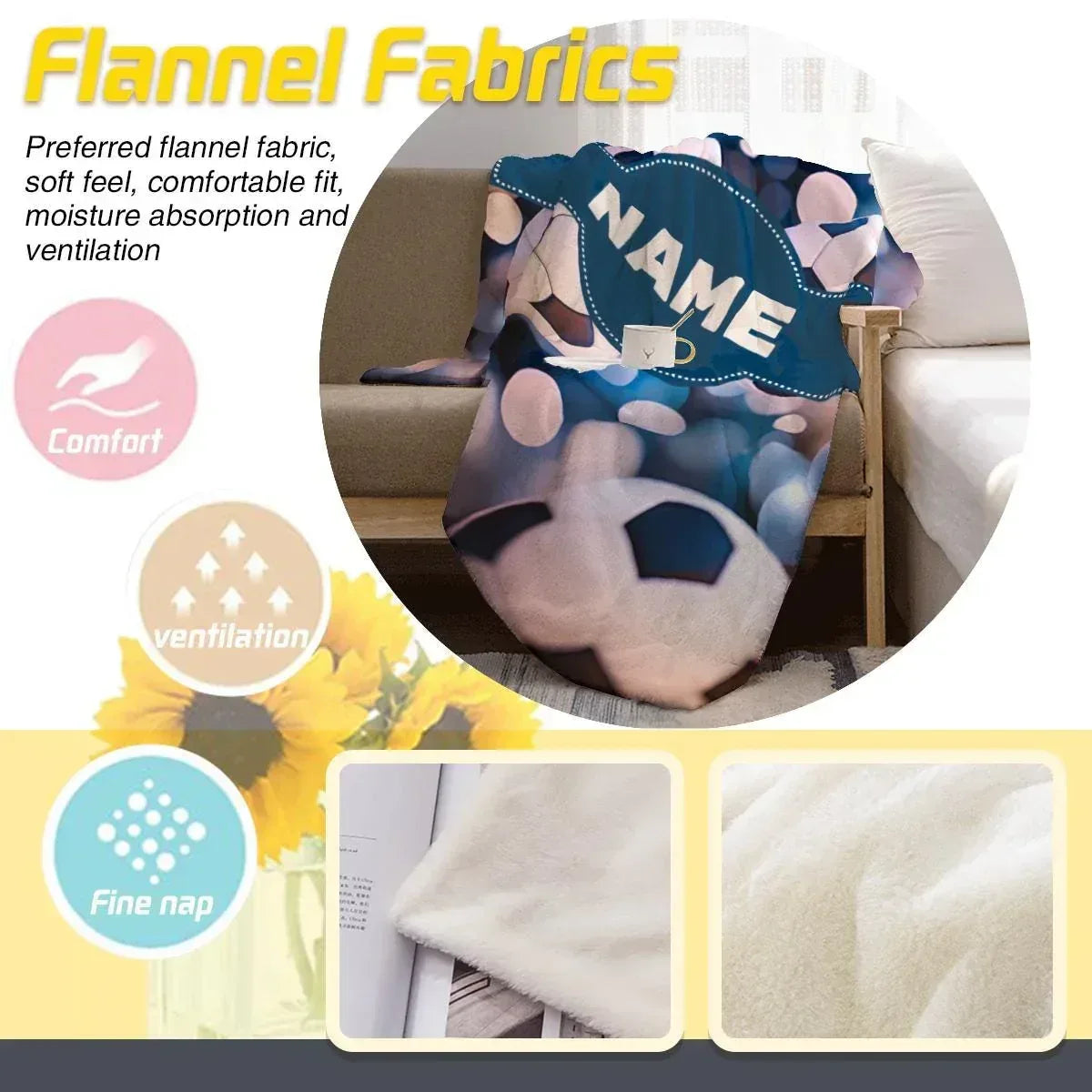 Personalized Soccer Ball Blanket | Custom Name | Football Fan Bokeh Blue Fleece Throw Gift