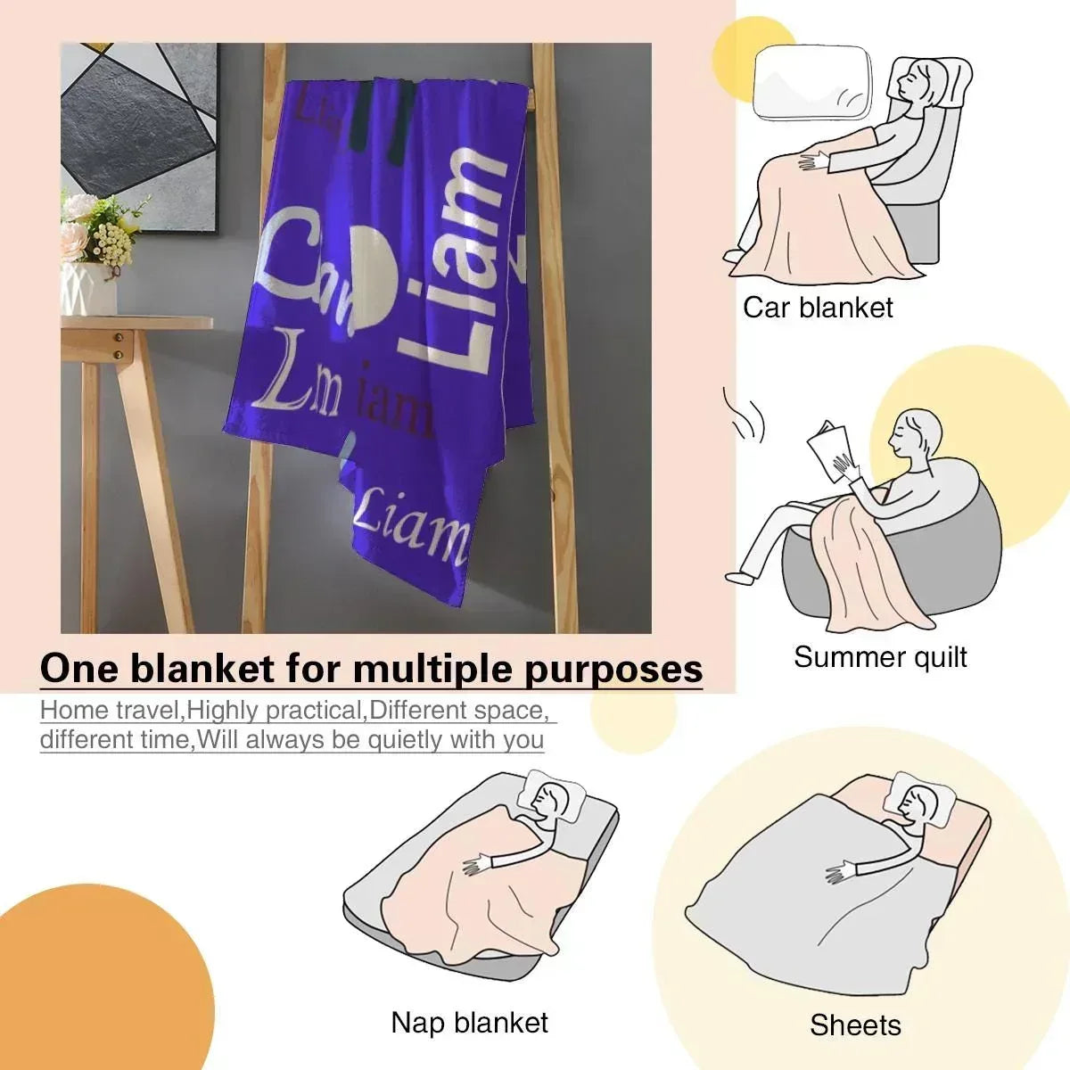 Personalized Name & Initial Letter Blanket | Custom Name | Vivid Royal Blue All-Over Name Pattern Fleece Throw Gift