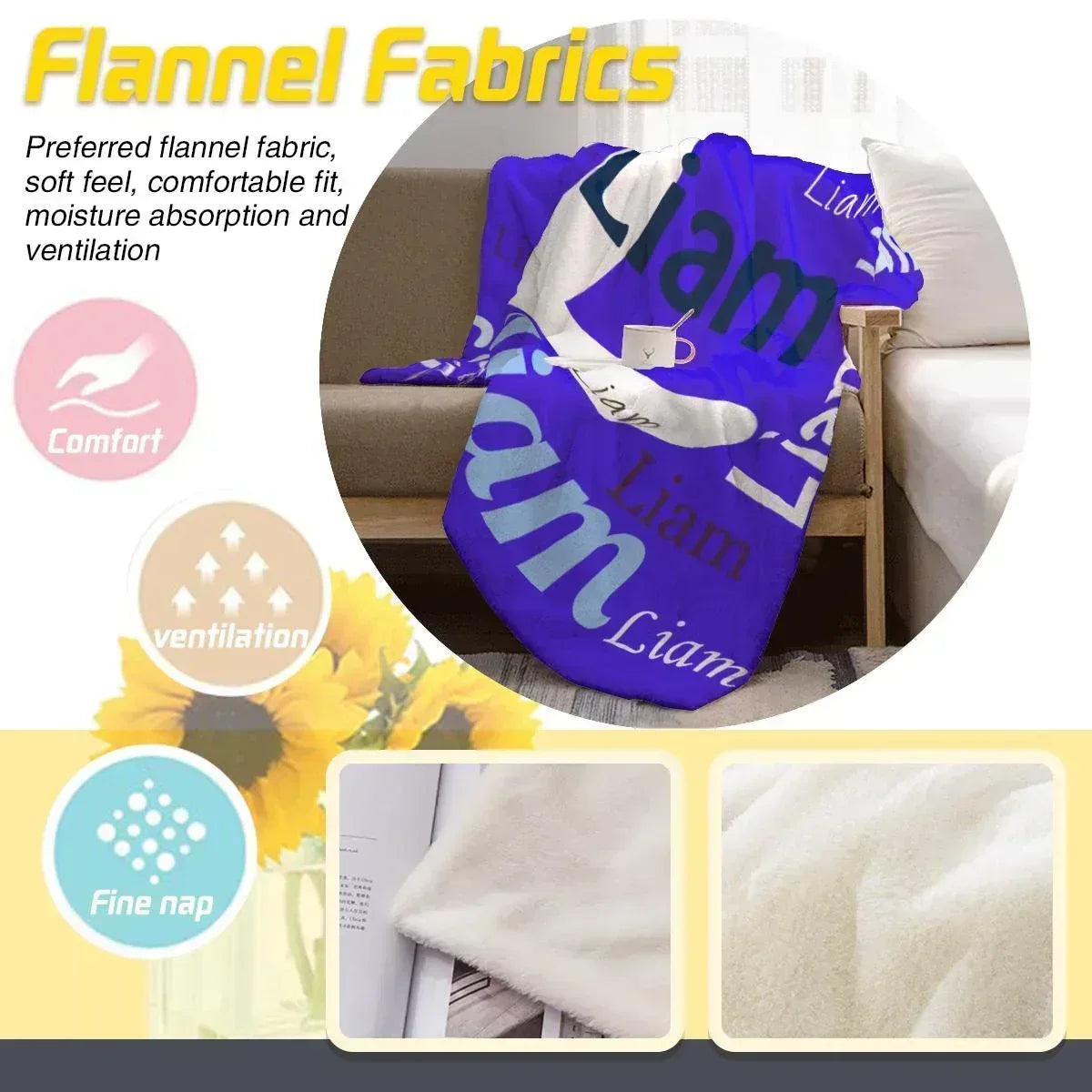 Personalized Name & Initial Letter Blanket | Custom Name | Vivid Royal Blue All-Over Name Pattern Fleece Throw Gift