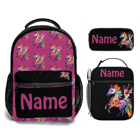 Personalized Kids School Set | Custom Name | Pink Unicorn Backpack Lunch Bag Pencil Case 3-Piece Gift