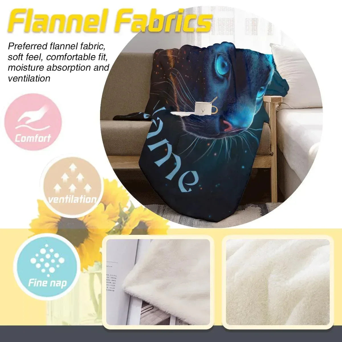 Personalized Black Panther Blanket | Custom Name | Cosmic Portrait Glowing Teal Eyes Starry Night Flannel Fleece Throw Gift