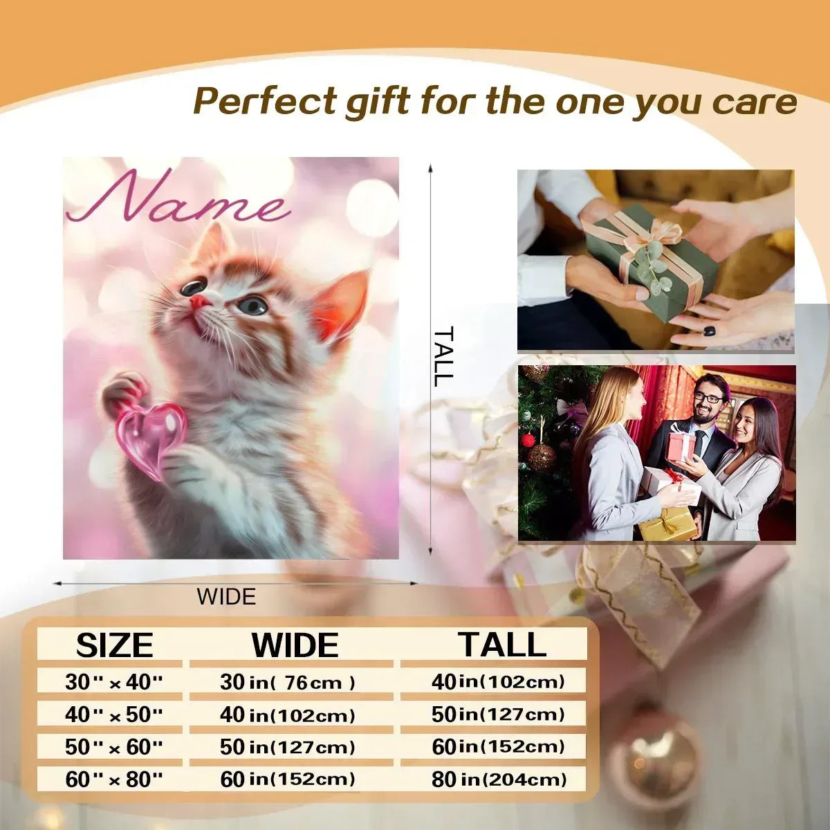 Personalized Kitten Blanket | Custom Name | Fluffy Tabby Kitten Pink Glass Heart Blush Fleece Throw Gift