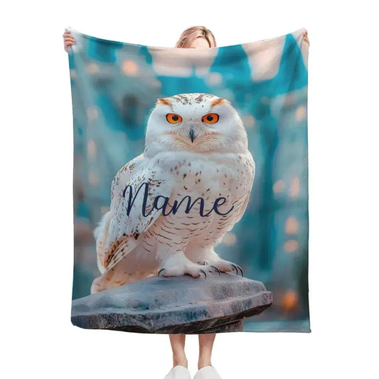 Personalized Snowy Owl Blanket | Custom Name | White Owl Amber Eyes Teal Magical Fleece Throw Gift