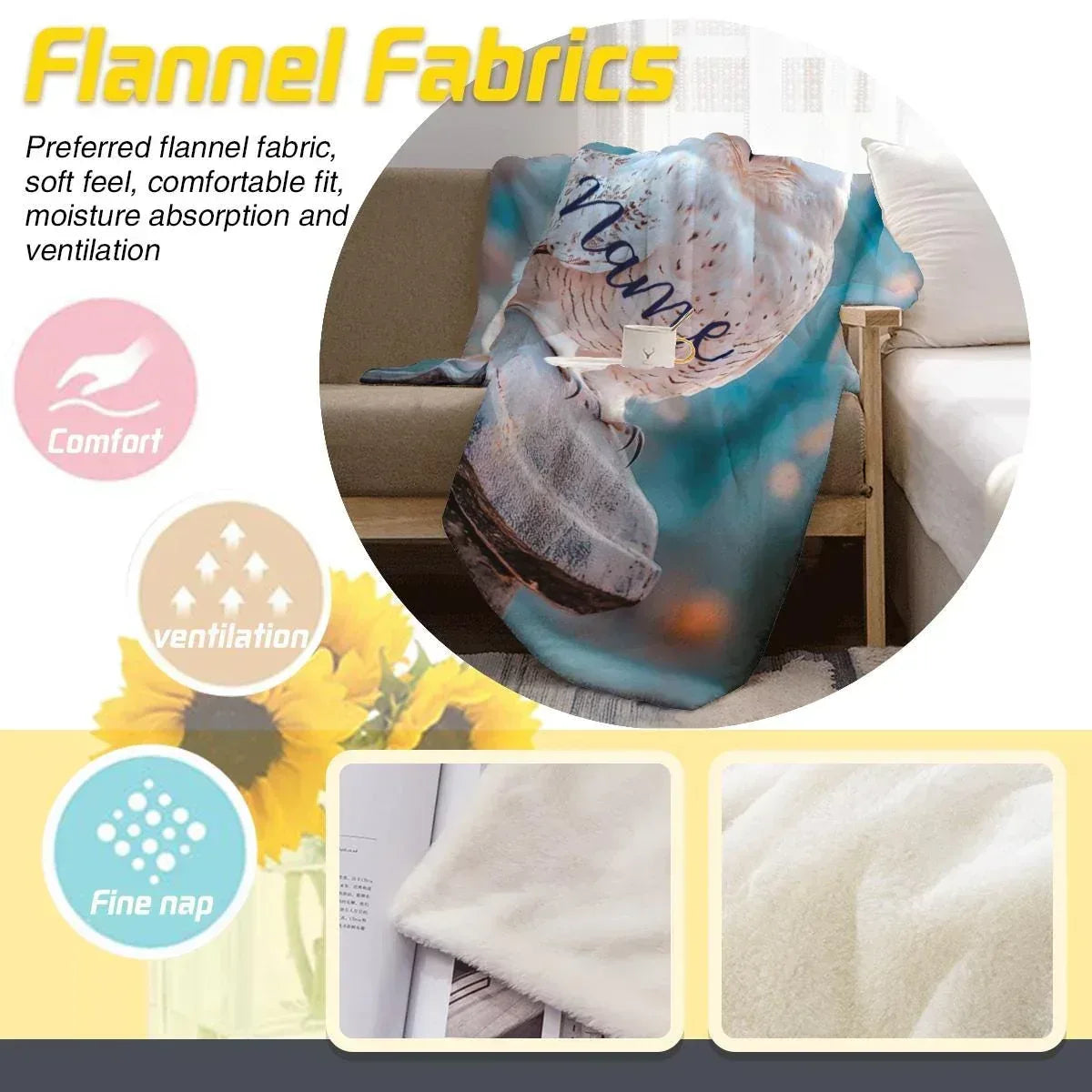 Personalized Snowy Owl Blanket | Custom Name | White Owl Amber Eyes Teal Magical Fleece Throw Gift