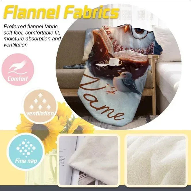 Personalized Winter Owl Blanket | Custom Name | Reading Owl Glasses Snowy Nordic Fleece Throw Gift