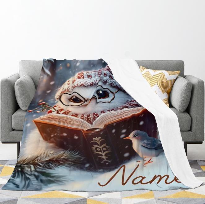 Personalized Winter Owl Blanket | Custom Name | Reading Owl Glasses Snowy Nordic Fleece Throw Gift