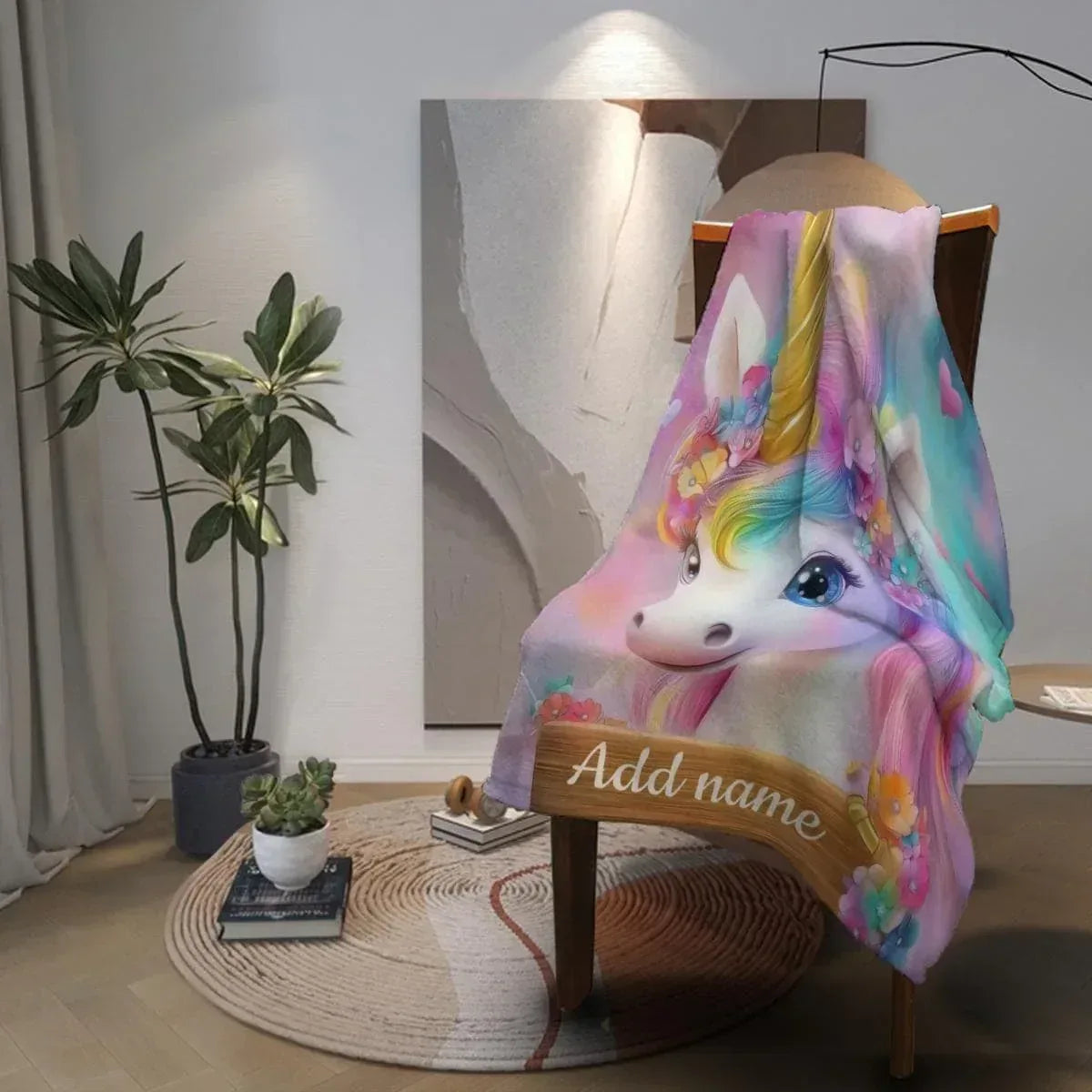 Personalized Unicorn Blanket | Custom Name | Rainbow Mane Blue Eyes Gold Horn Fleece Throw Gift for Girls