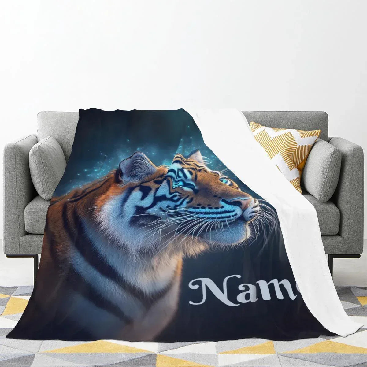 Personalized Tiger Blanket | Custom Name | Realistic Tiger Portrait Glowing Teal Eyes Starry Night Cosmic Fleece Throw Gift