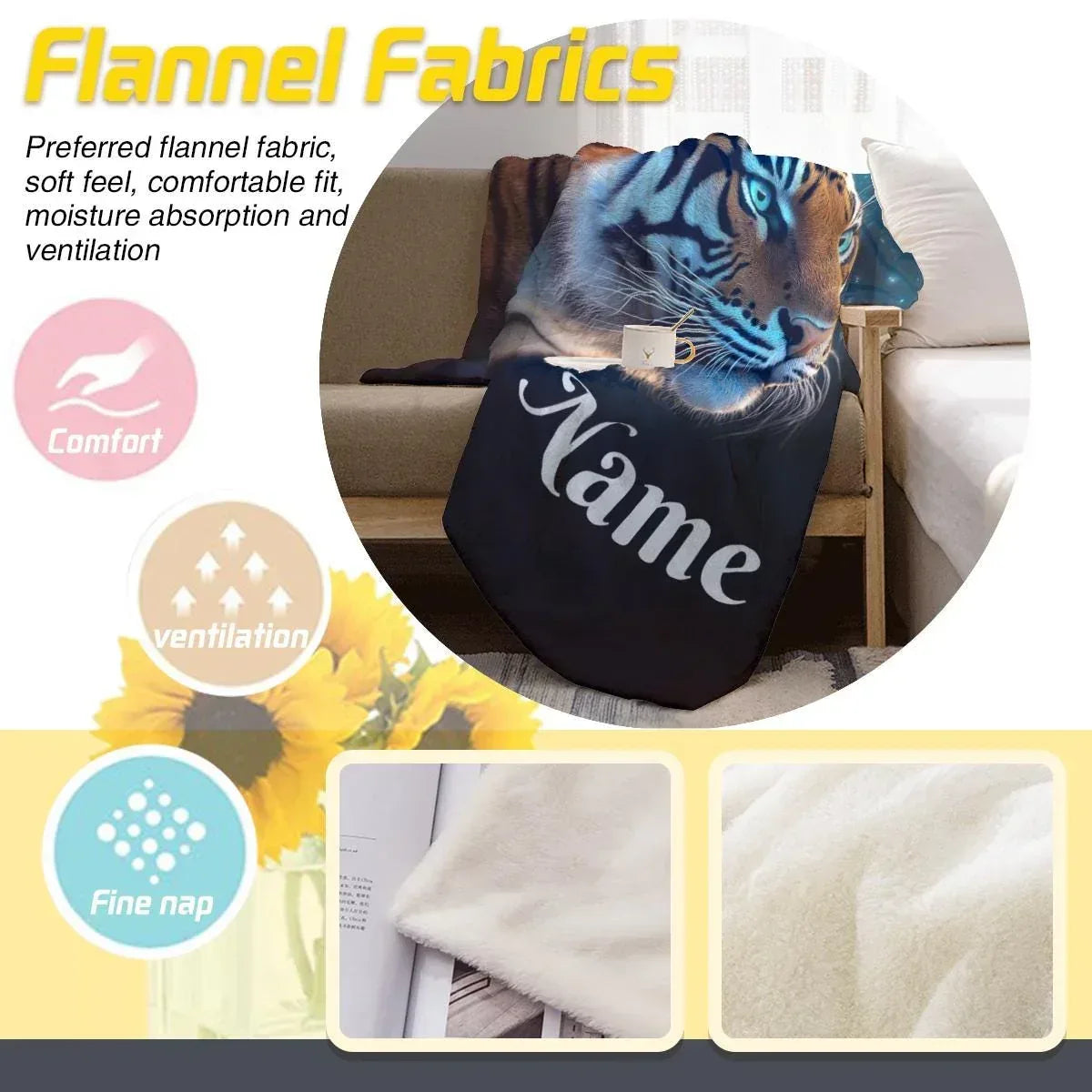 Personalized Tiger Blanket | Custom Name | Realistic Tiger Portrait Glowing Teal Eyes Starry Night Cosmic Fleece Throw Gift
