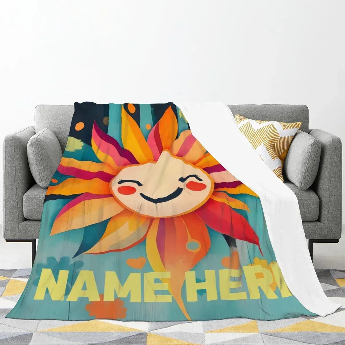 Personalized Sunshine Blanket | Custom Name | Smiling Cartoon Sun Sunflower Teal Bold Yellow Name Fleece Throw Gift