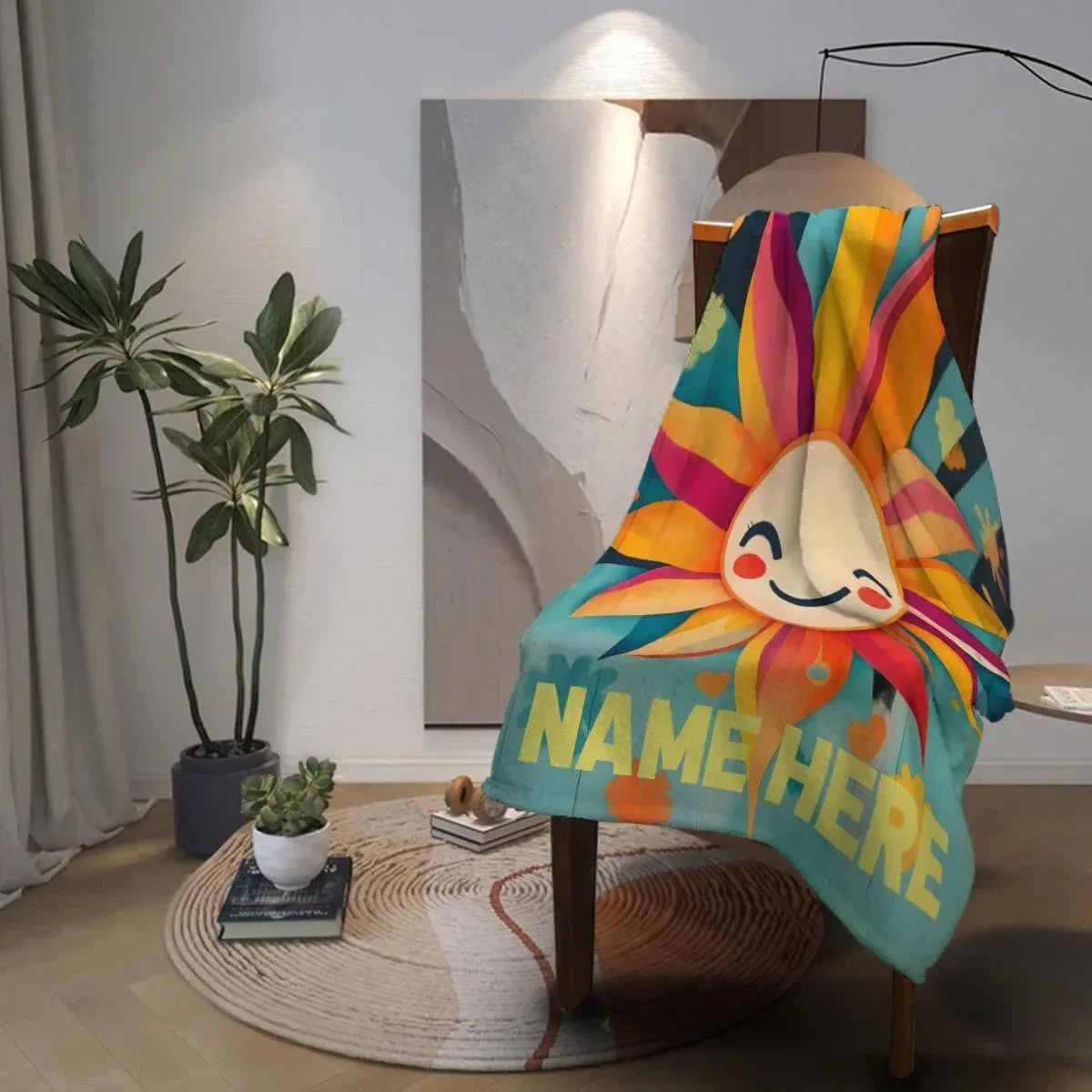 Personalized Sunshine Blanket | Custom Name | Smiling Cartoon Sun Sunflower Teal Bold Yellow Name Fleece Throw Gift