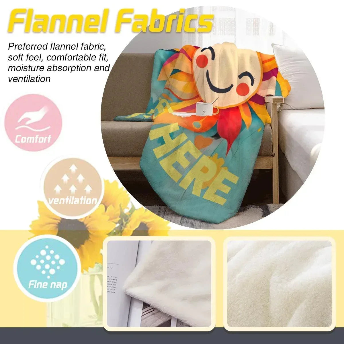 Personalized Sunshine Blanket | Custom Name | Smiling Cartoon Sun Sunflower Teal Bold Yellow Name Fleece Throw Gift