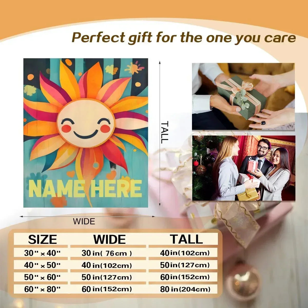 Personalized Sunshine Blanket | Custom Name | Smiling Cartoon Sun Sunflower Teal Bold Yellow Name Fleece Throw Gift