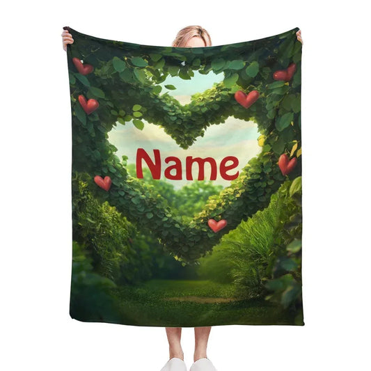 Personalized Garden Heart Blanket | Custom Name | Lush Green Topiary Heart Romantic Fleece Throw Gift