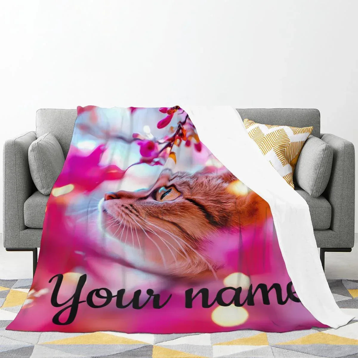 Personalized Cat Blanket | Custom Name | Tabby Cat Teal Eyes Hot Pink Cherry Blossom Bokeh Golden Light Fleece Throw Gift