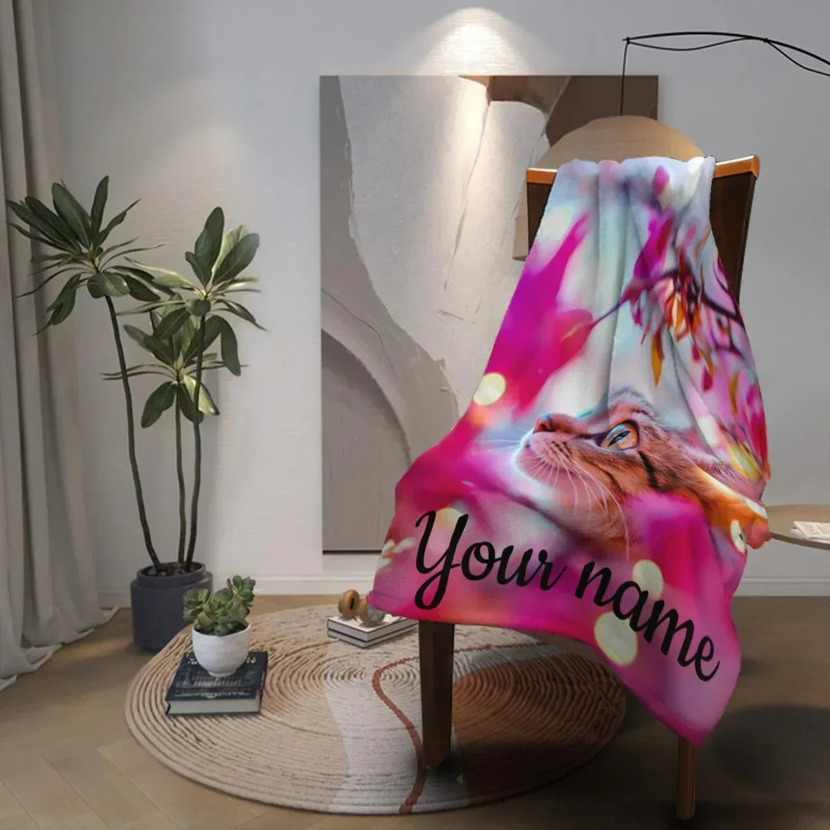 Personalized Cat Blanket | Custom Name | Tabby Cat Teal Eyes Hot Pink Cherry Blossom Bokeh Golden Light Fleece Throw Gift