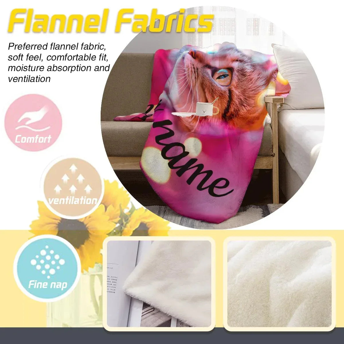 Personalized Cat Blanket | Custom Name | Tabby Cat Teal Eyes Hot Pink Cherry Blossom Bokeh Golden Light Fleece Throw Gift