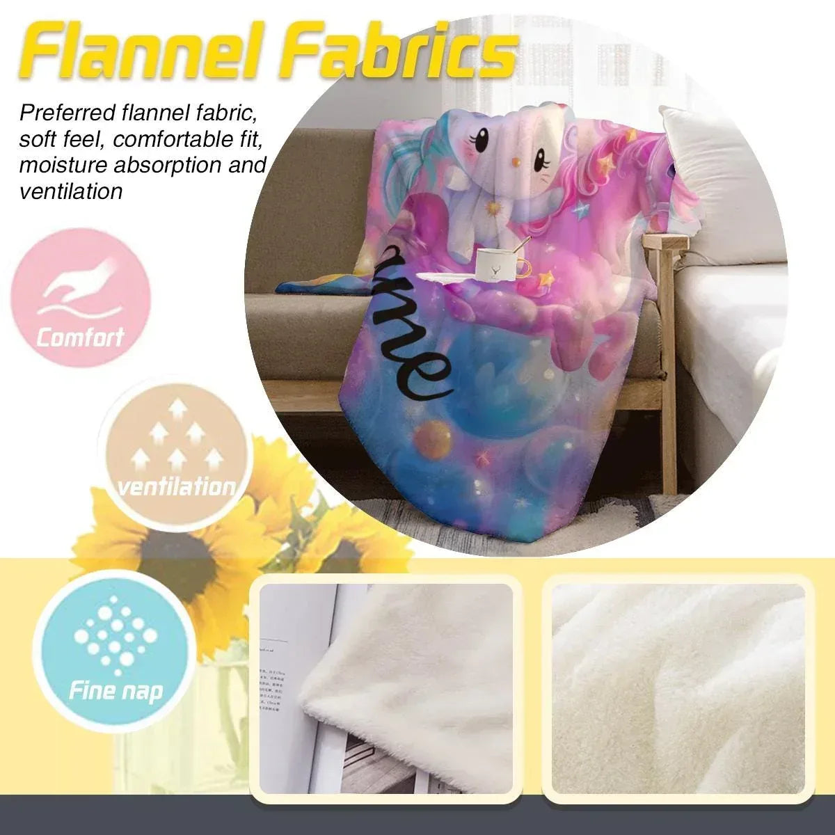 Personalized Kitty & Unicorn Blanket | Custom Name Pastel Rainbow Fleece Throw
