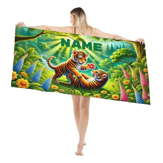 Personalized Tiger Beach Towel | Custom Name | Baby Tiger Cubs Jungle Adventure Microfiber Swim Towel