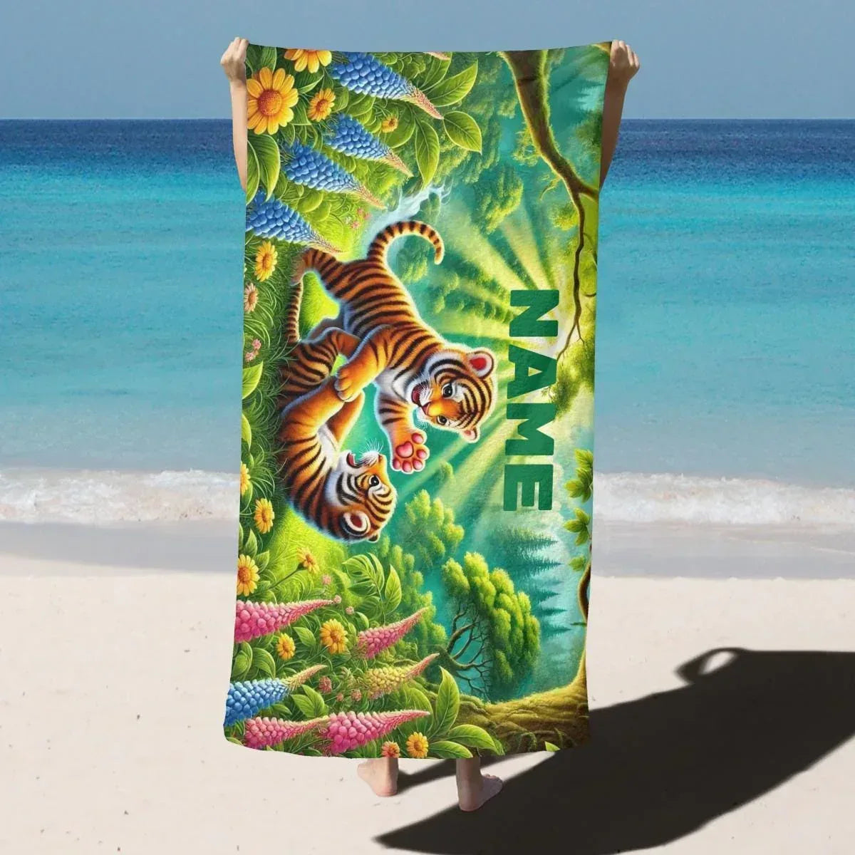 Personalized Tiger Beach Towel | Custom Name | Baby Tiger Cubs Jungle Adventure Microfiber Swim Towel