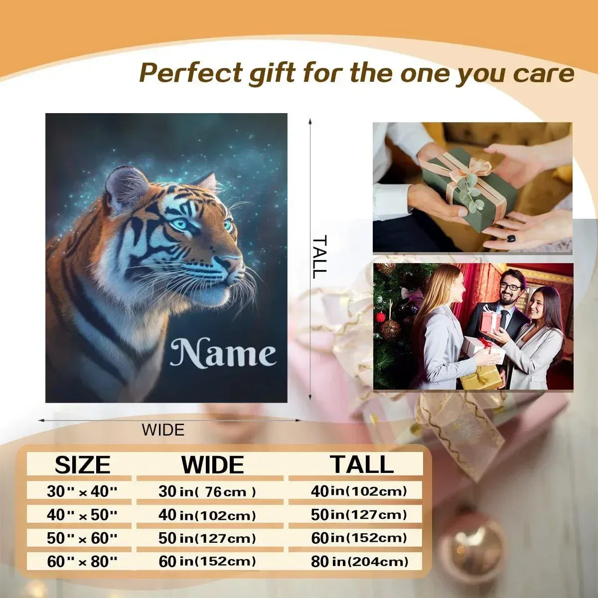 Personalized Tiger Blanket | Custom Name | Realistic Tiger Portrait Glowing Teal Eyes Starry Night Cosmic Fleece Throw Gift