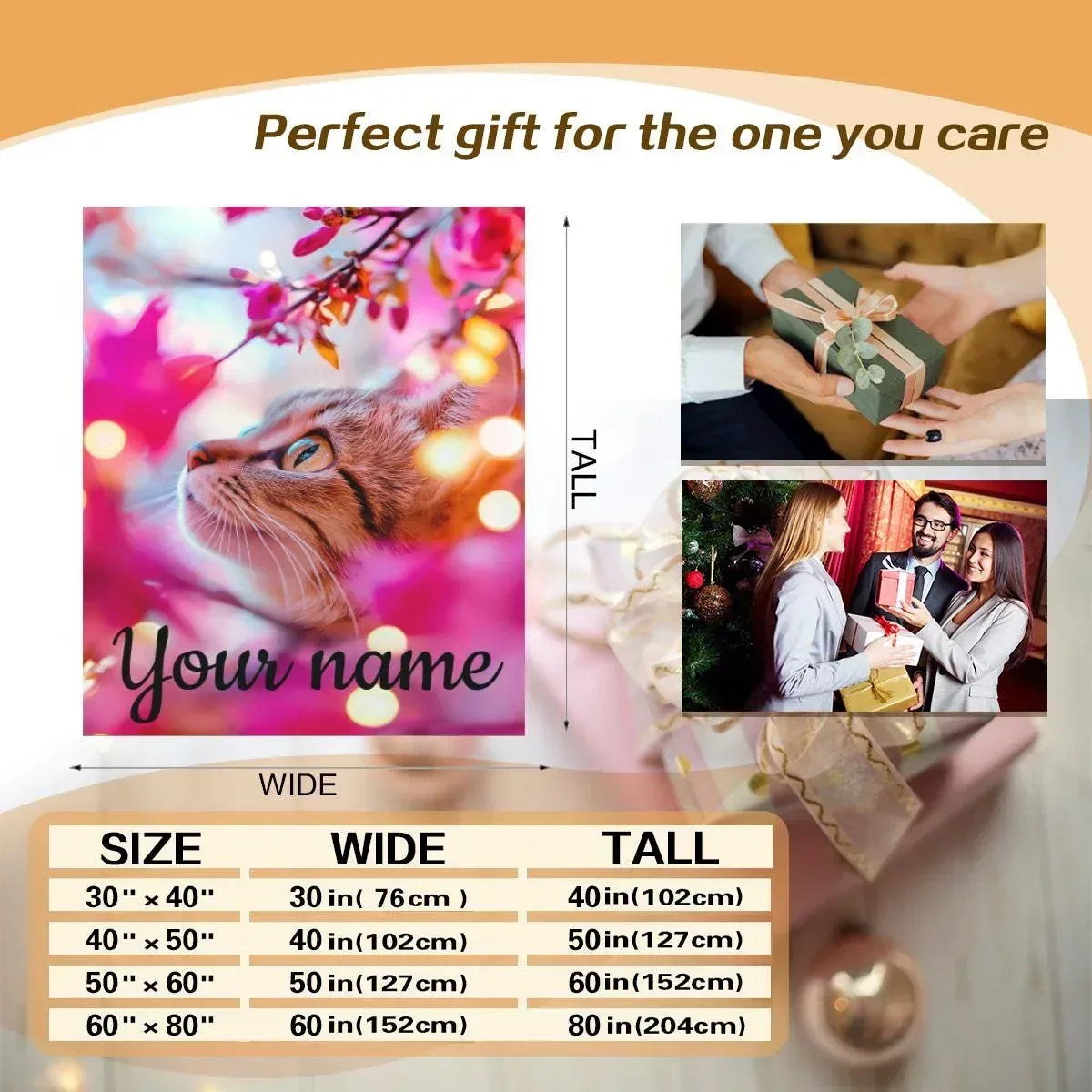 Personalized Cat Blanket | Custom Name | Tabby Cat Teal Eyes Hot Pink Cherry Blossom Bokeh Golden Light Fleece Throw Gift