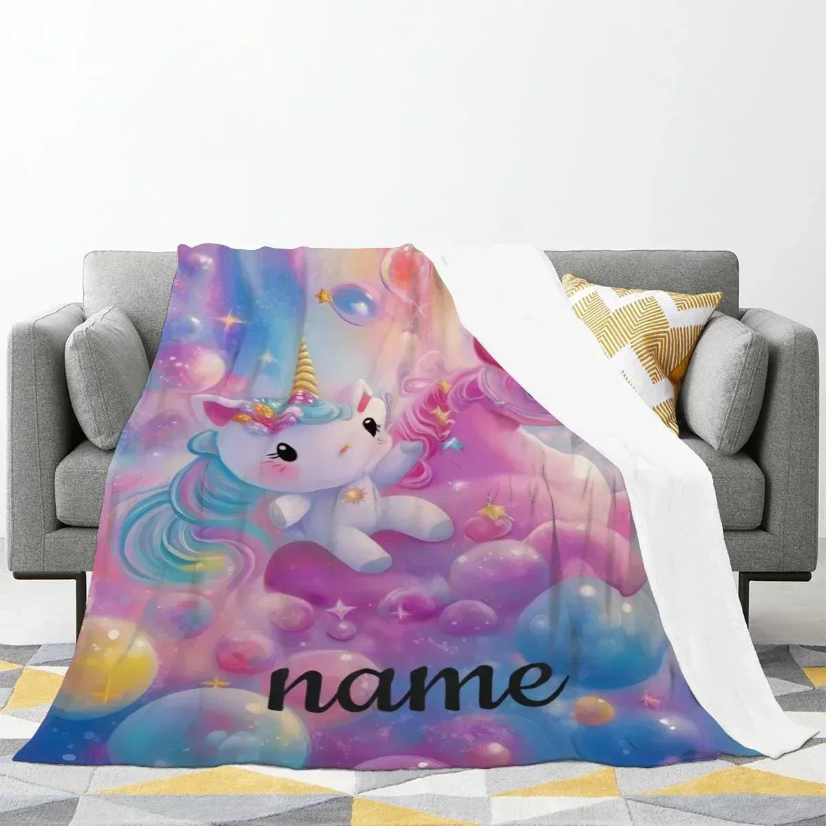 Personalized Kitty & Unicorn Blanket | Custom Name Pastel Rainbow Fleece Throw