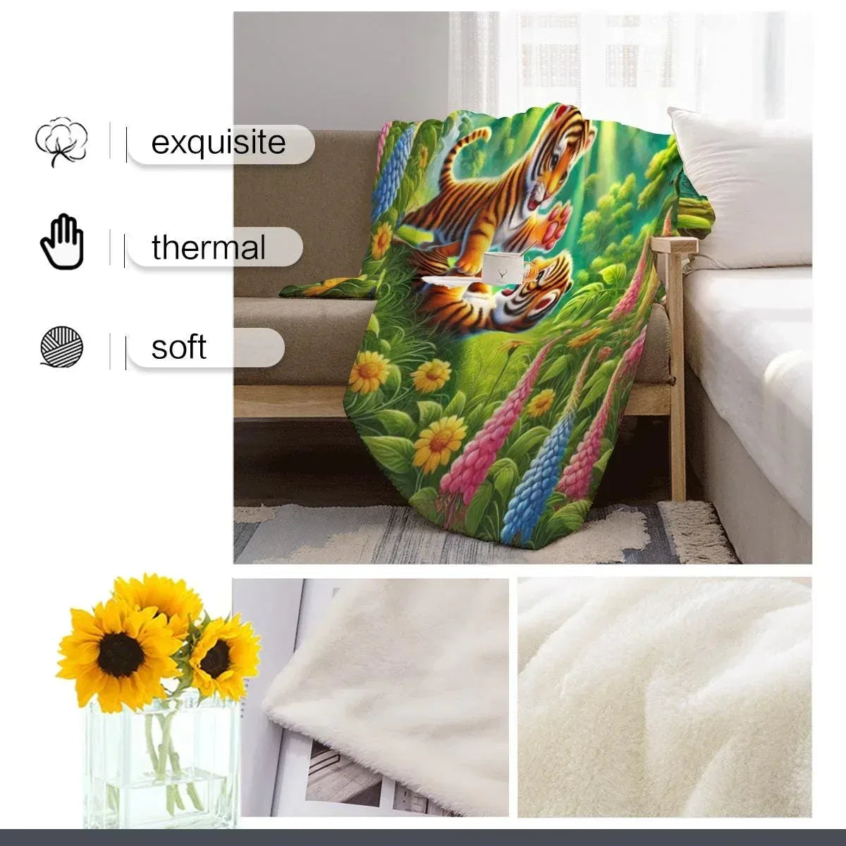 Personalized Tiger Blanket | Custom Name | Baby Tiger Cubs Enchanted Forest Jungle Fleece Throw Gift