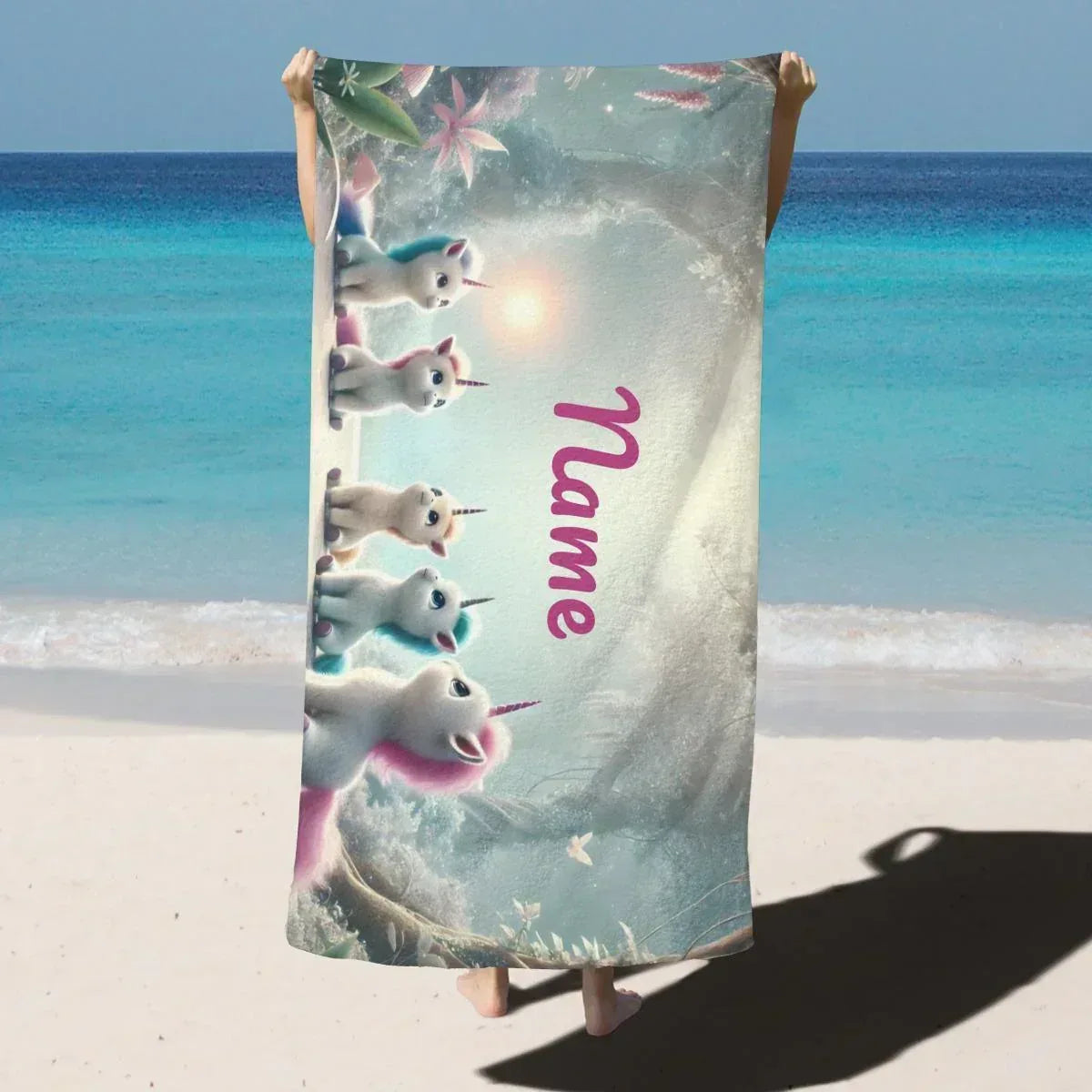 Personalized Unicorn Beach Towel | Custom Name | Pink Woodland Unicorn Microfiber Gift