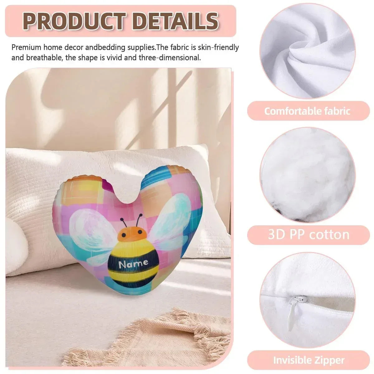 Personalized Bee Heart Pillow | Custom Name | Pastel Rainbow Plush Cushion Gift