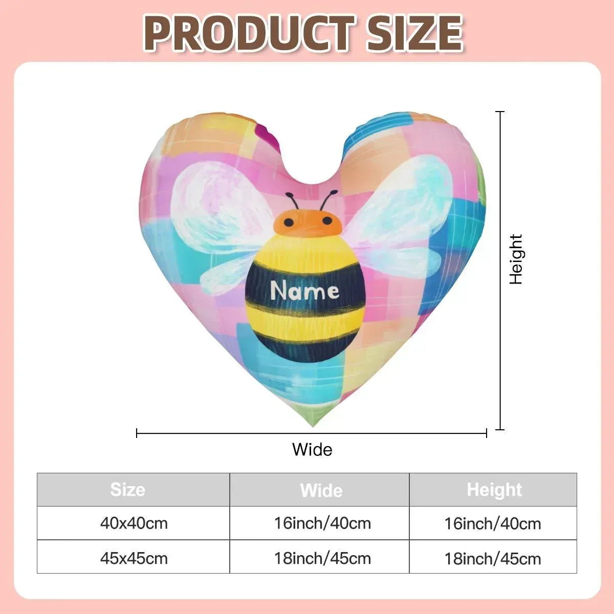 Personalized Bee Heart Pillow | Custom Name | Pastel Rainbow Plush Cushion Gift