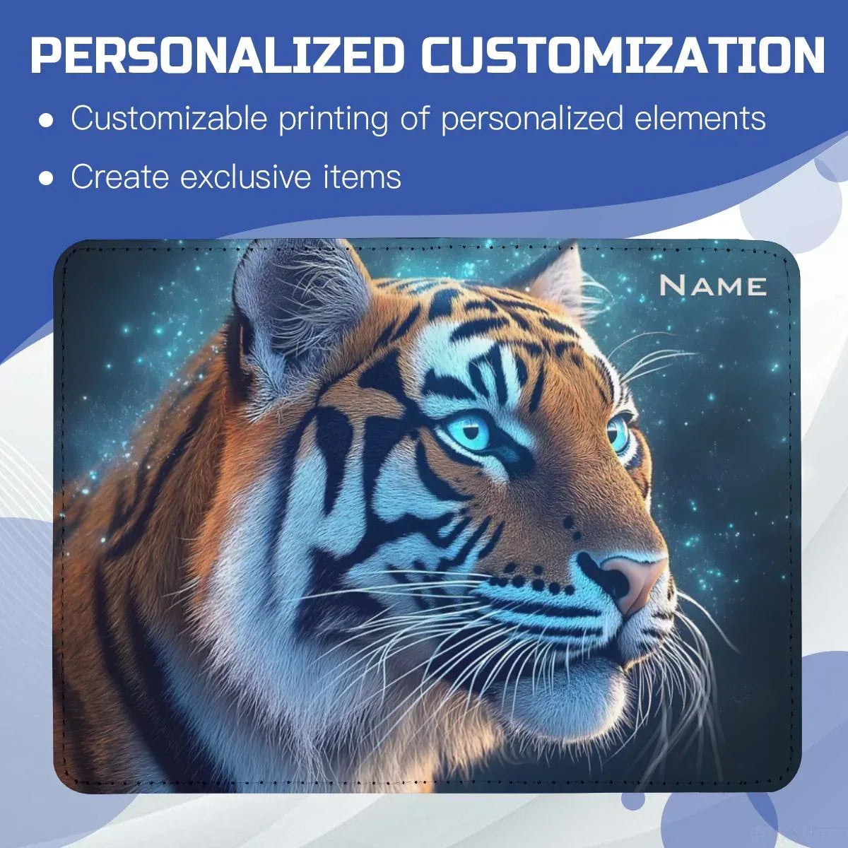 Personalized Tiger Passport Holder | Custom Name | Realistic Tiger Glowing Teal Eyes Starry Cosmic PU Leather Travel Cover Gift
