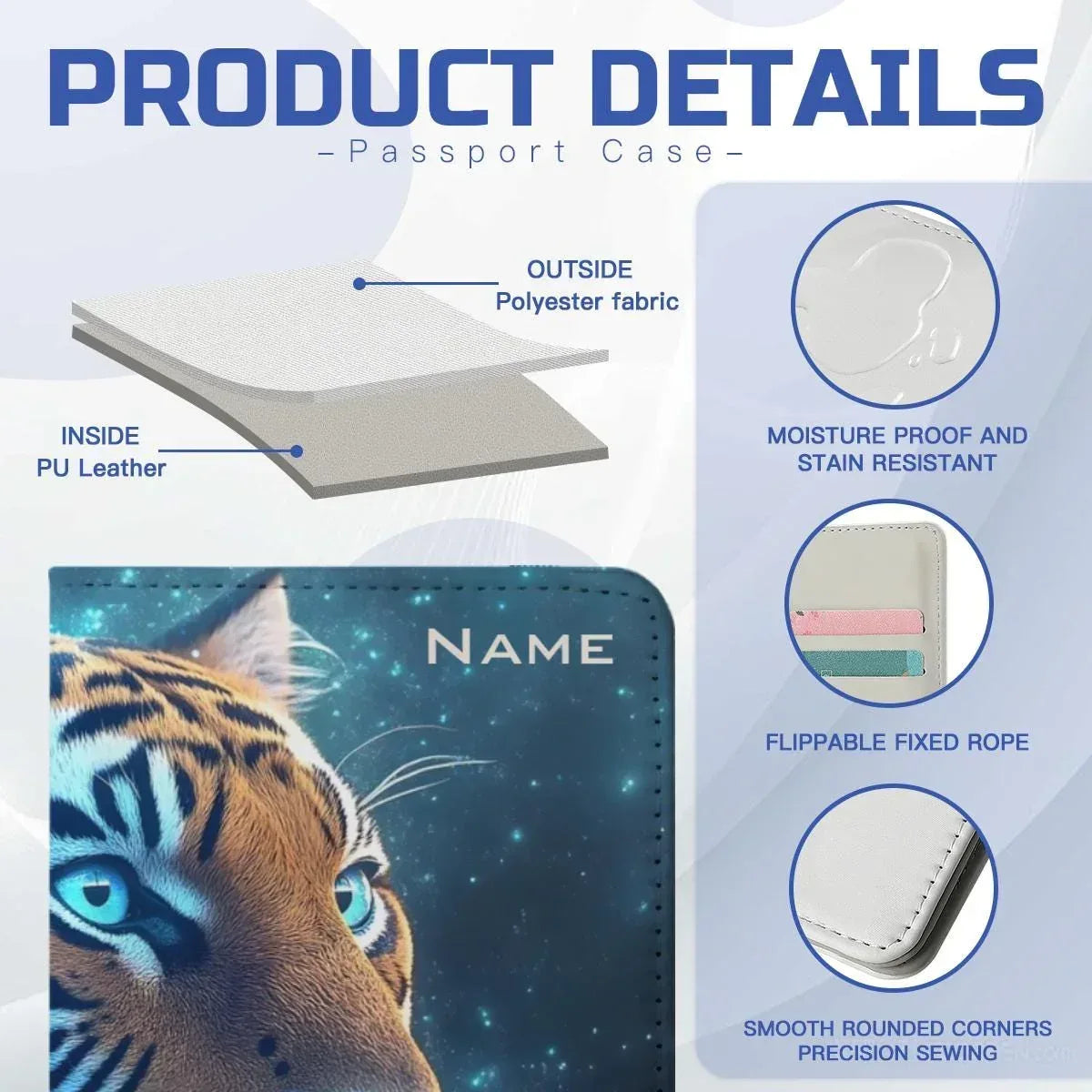 Personalized Tiger Passport Holder | Custom Name | Realistic Tiger Glowing Teal Eyes Starry Cosmic PU Leather Travel Cover Gift