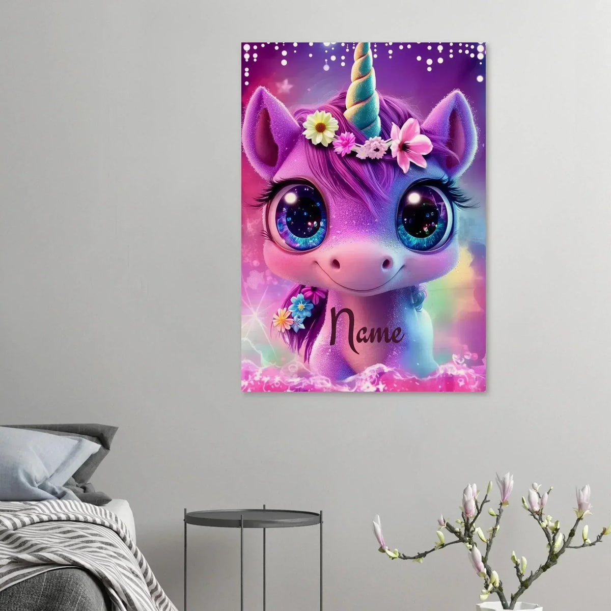 Personalized Unicorn Wall Art | Custom Name | Galaxy Eyes Baby Unicorn Floral Crown Purple Pink Wood Print Nursery Decor Gift