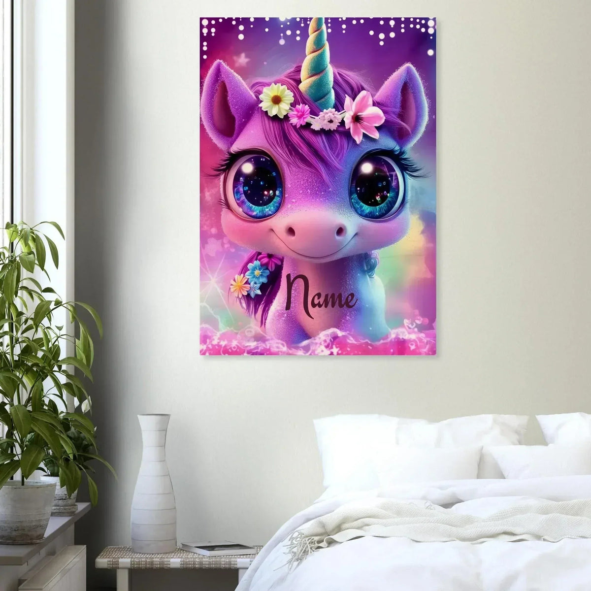 Personalized Unicorn Wall Art | Custom Name | Galaxy Eyes Baby Unicorn Floral Crown Purple Pink Wood Print Nursery Decor Gift