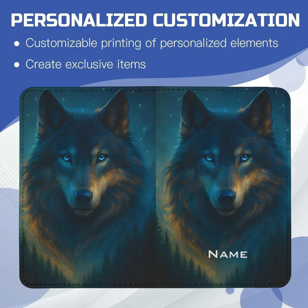 Personalized Wolf Passport Holder | Custom Name | Dark Wolf Ice-Blue Eyes Teal Starry Night PU Leather Travel Wallet Gift