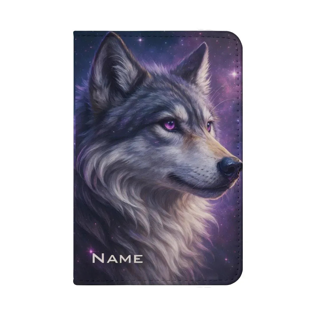 Personalized Galaxy Wolf Passport Holder | Custom Name | Purple Eyes Cosmic Wolf PU Leather Travel Cover