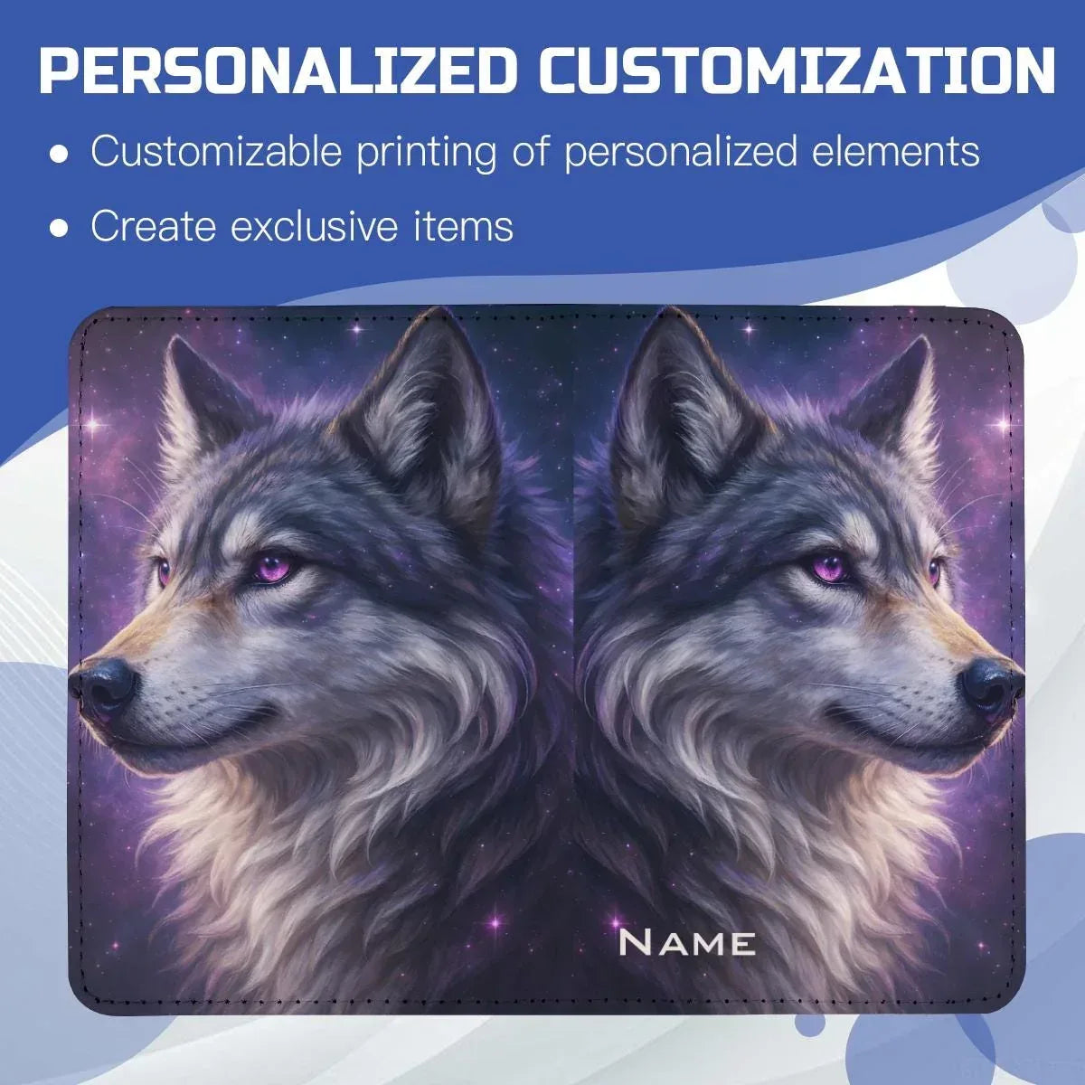 Personalized Galaxy Wolf Passport Holder | Custom Name | Purple Eyes Cosmic Wolf PU Leather Travel Cover